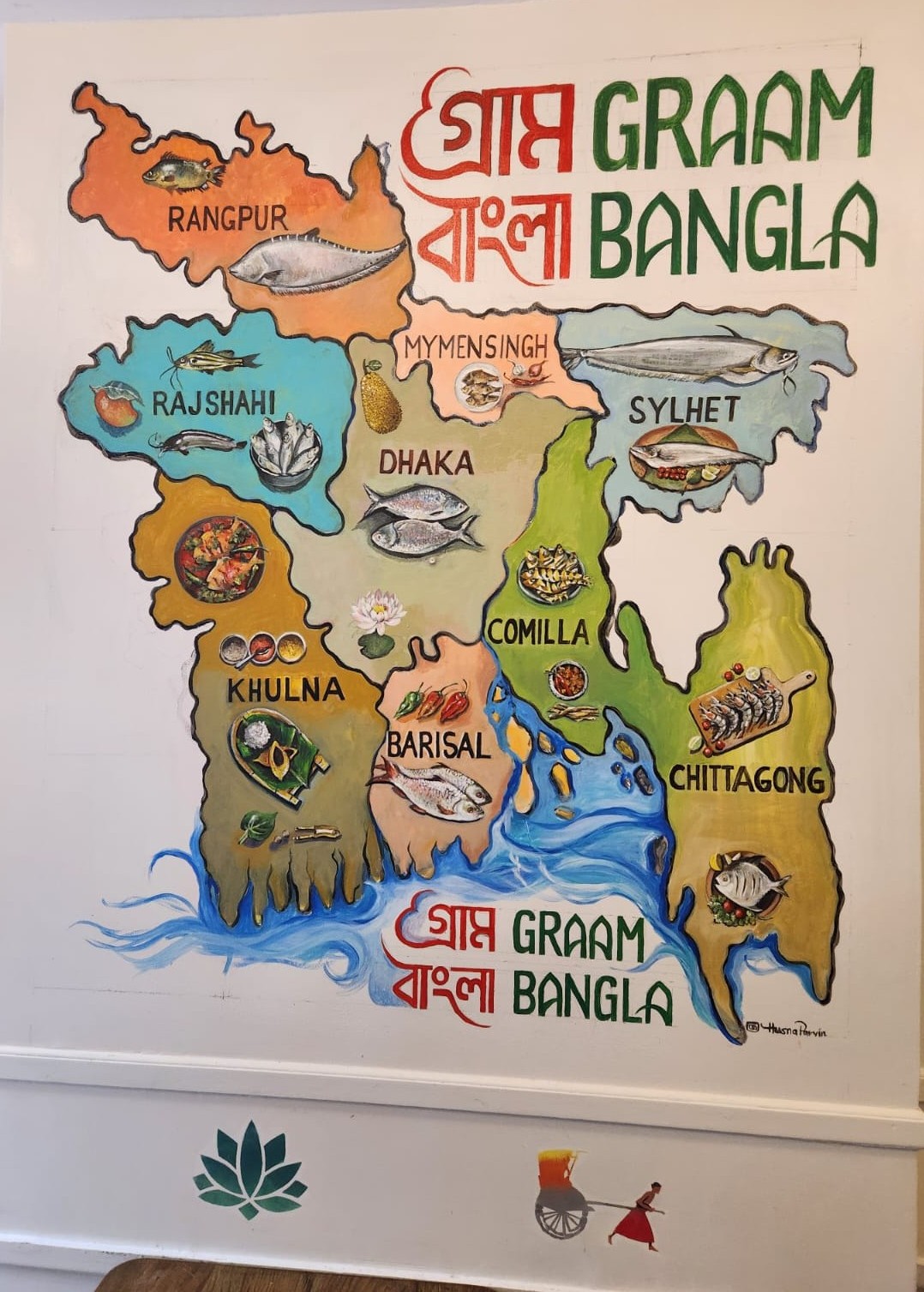 Hand-painted Bangladesh map mural at Graam Bangla